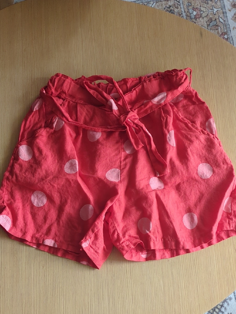 High-Waist Coral Polka Dot Tie-Belt Shorts